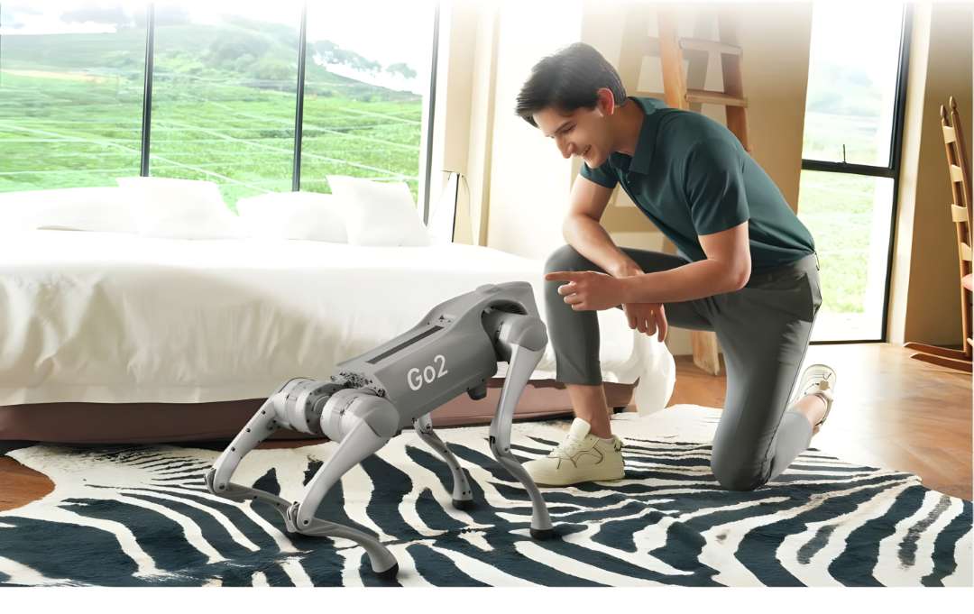 Hombre agachado interactuando de cerca con el robot cuadrúpedo Unitree Go2 Pro sobre una alfombra de diseño en una habitación moderna con luz natural