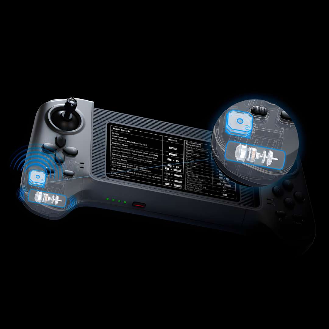 Cutaway X-ray render of Unitree R3 remote control showing internal dual vibration motors and button mechanism components highlighted in blue