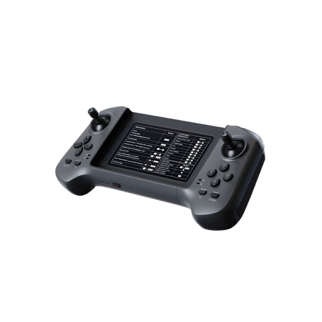 Full overview of Unitree R3 remote control from a 45-degree angle showing all buttons, dual joysticks, shoulder keys, battery indicator LEDs, and central phone mount