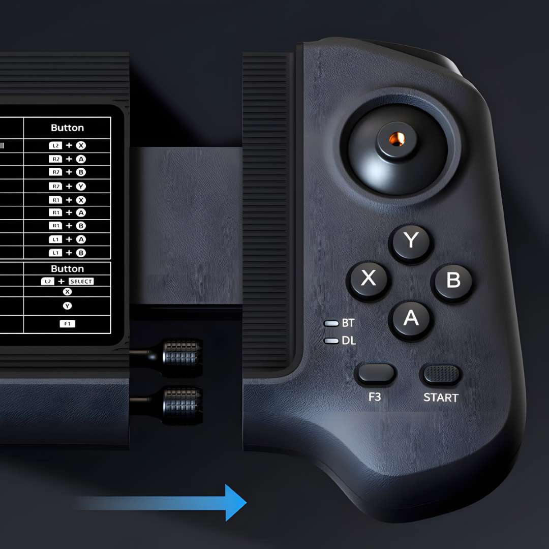 Close-up of Unitree R3 right grip module sliding out from the controller body on its precision rail, with A, B, X, Y buttons and BT/DL indicator LEDs visible