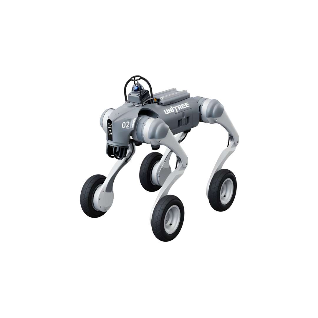 Perro robot con ruedas Unitree Go2-W U3 con LiDAR Livox MID360 montado sobre el chasis, sobre fondo blanco de estudio con los cuatro neumáticos de 7 pulgadas y las patas articuladas claramente visibles