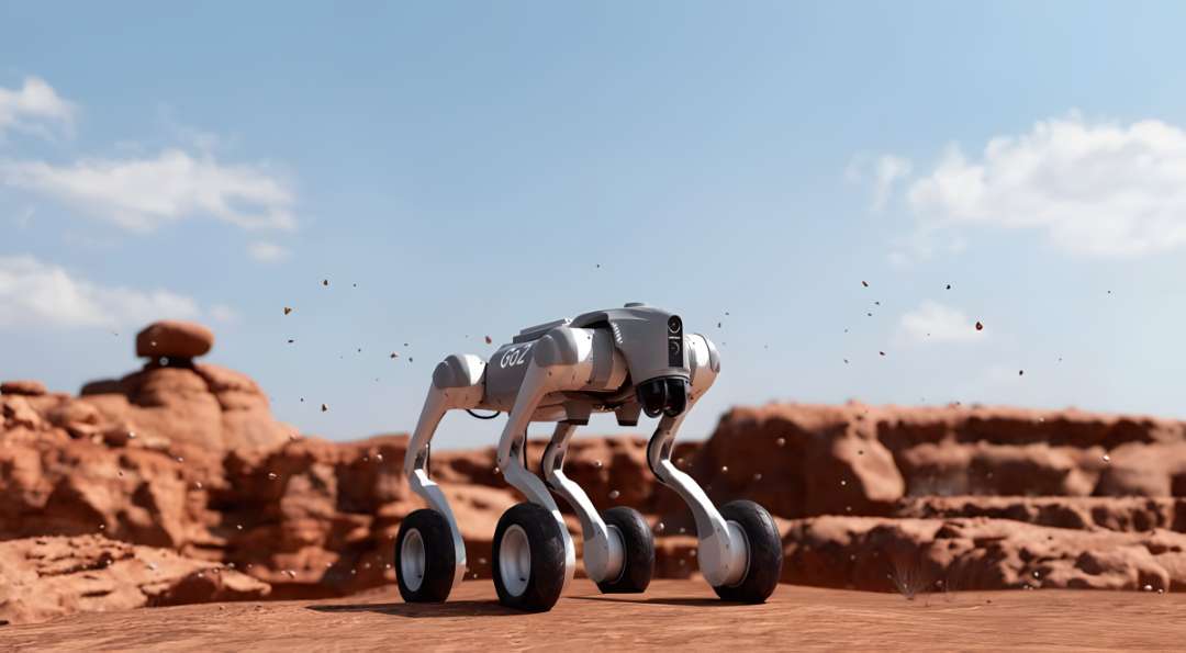 Perro robot con ruedas Unitree Go2-W de pie sobre una superficie de arenisca rojiza en un paisaje de cañón desértico con partículas de polvo en el aire, demostrando la autonomía en todo terreno para exteriores