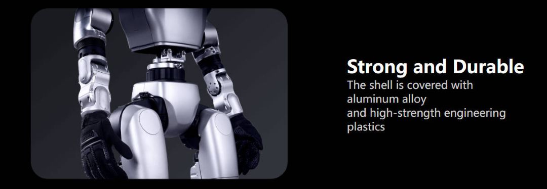 Primer plano del torso y los brazos del robot Unitree G1-Comp mostrando la carcasa de aleación de aluminio y plástico técnico de alta resistencia