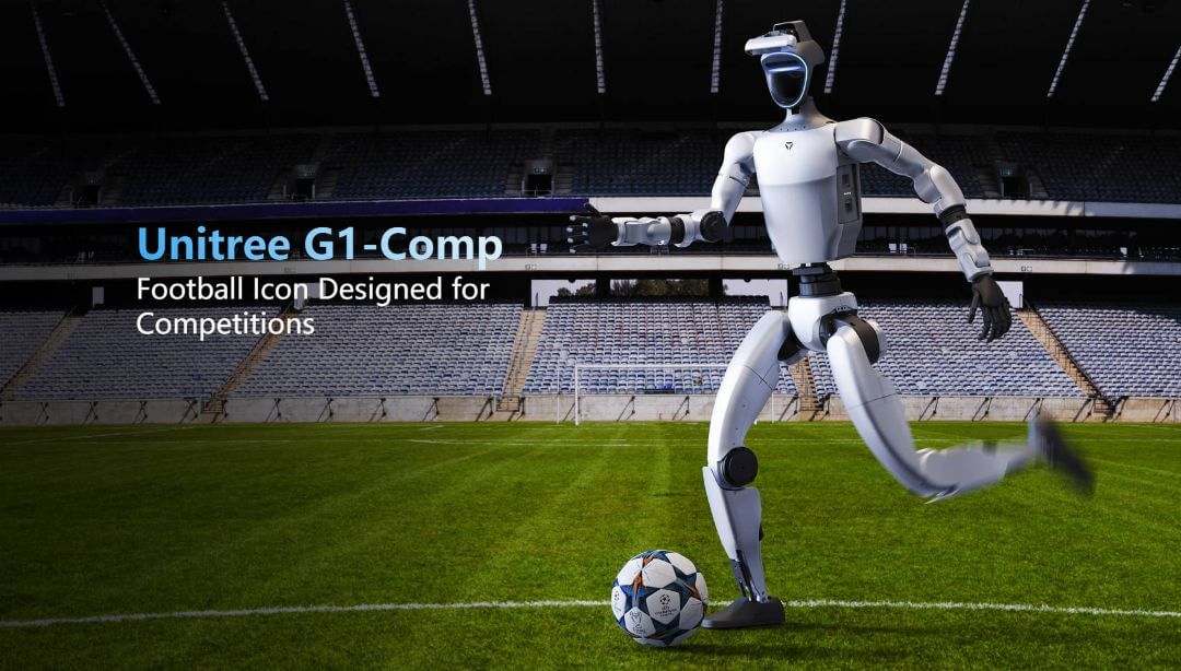Robot humanoide Unitree G1-Comp EDU en un estadio de fútbol al aire libre, a punto de golpear un balón