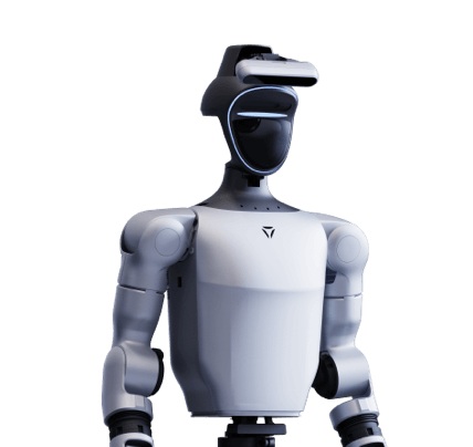 Retrato de la parte superior del robot humanoide Unitree G1-Comp EDU mostrando la cámara de profundidad montada en el casco y la configuración de las manos diestras