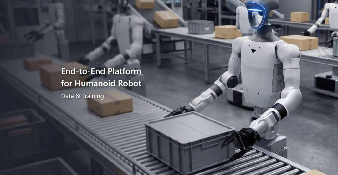 Múltiples robots Unitree G1-D Flagship operando en una cinta transportadora industrial como parte de una plataforma extremo a extremo de recopilación de datos y entrenamiento de IA para humanoides