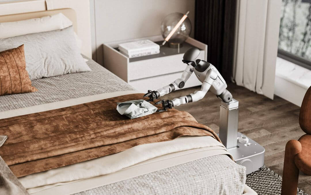 Unitree G1-D Flagship sobre chasis móvil con ruedas realizando una tarea de plegado de ropa en un dormitorio doméstico, demostrando manipulación de brazos de precisión a la altura de la cama