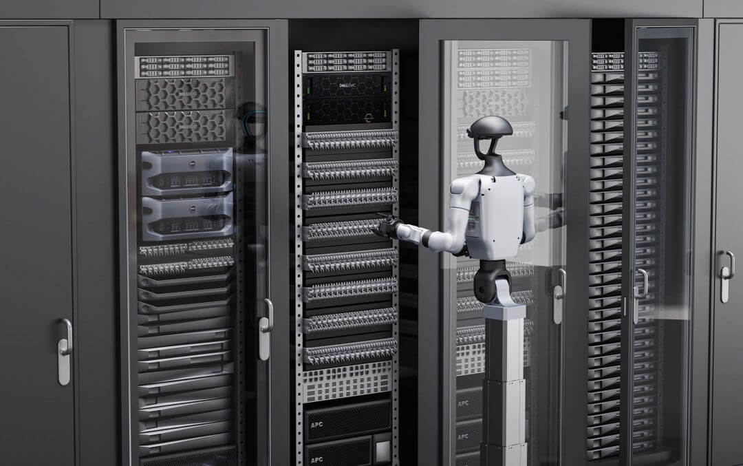 Robot Unitree G1-D Flagship realizando inspección y mantenimiento industrial en equipos de bastidor de servidores en un centro de datos, utilizando su columna de altura ajustable y su brazo de 7 GdL