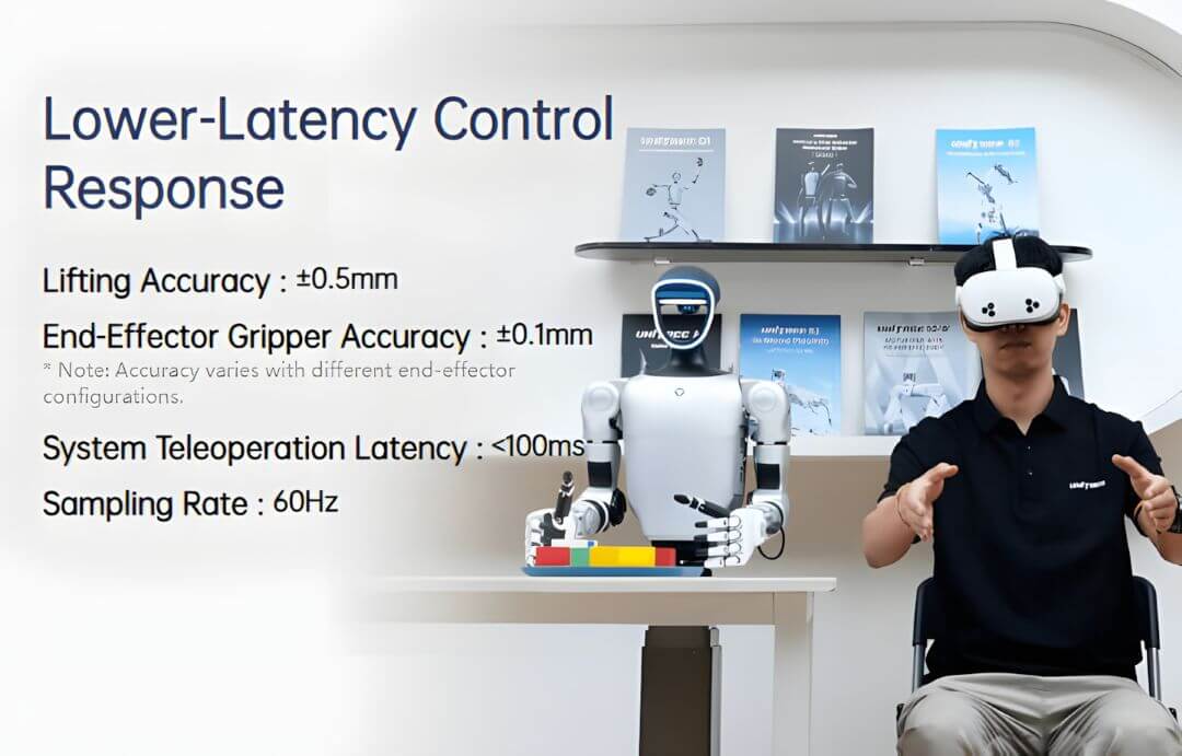 Sesión de teleoperación VR con Unitree G1-D Flagship — operador con visor VR controlando el robot, con latencia de teleoperación inferior a 100 ms, frecuencia de muestreo 60 Hz, precisión de elevación ±0,5 mm, precisión de pinza ±0,1 mm