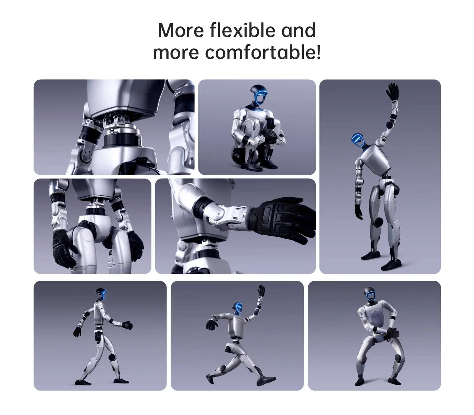 Poses de flexibilidad y movilidad del Unitree G1-U8 EDU: sentadilla profunda, marcha lateral, extensión de brazos, postura de carrera y demostraciones de articulación corporal completa