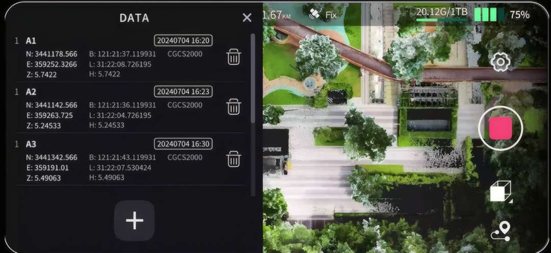 Interfaz de software que muestra el mapeo del paisaje en tiempo real, los puntos de coordenadas registrados y el estado del sistema, incluyendo 1 TB de memoria