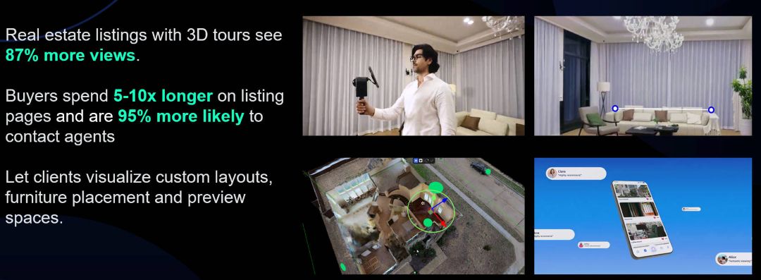 Agente inmobiliario usando el XGRIDS PortalCam para crear un recorrido virtual 3D de un interior