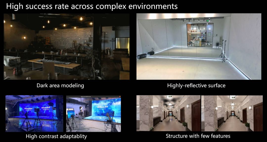 Rendimiento del XGRIDS PortalCam en zonas oscuras, superficies reflectantes, alto contraste y entornos con pocas texturas