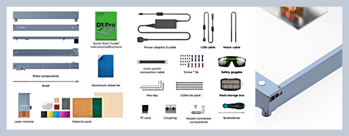 Contenido del paquete xTool D1 Pro 20W All-In-One Kit