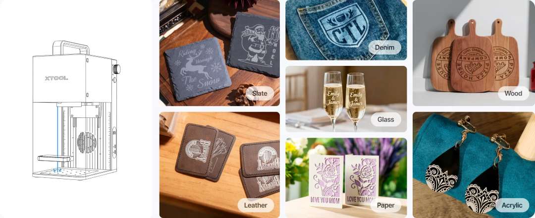 xTool laser engraver schematic alongside material engraving samples: slate, wood, glass, and leather