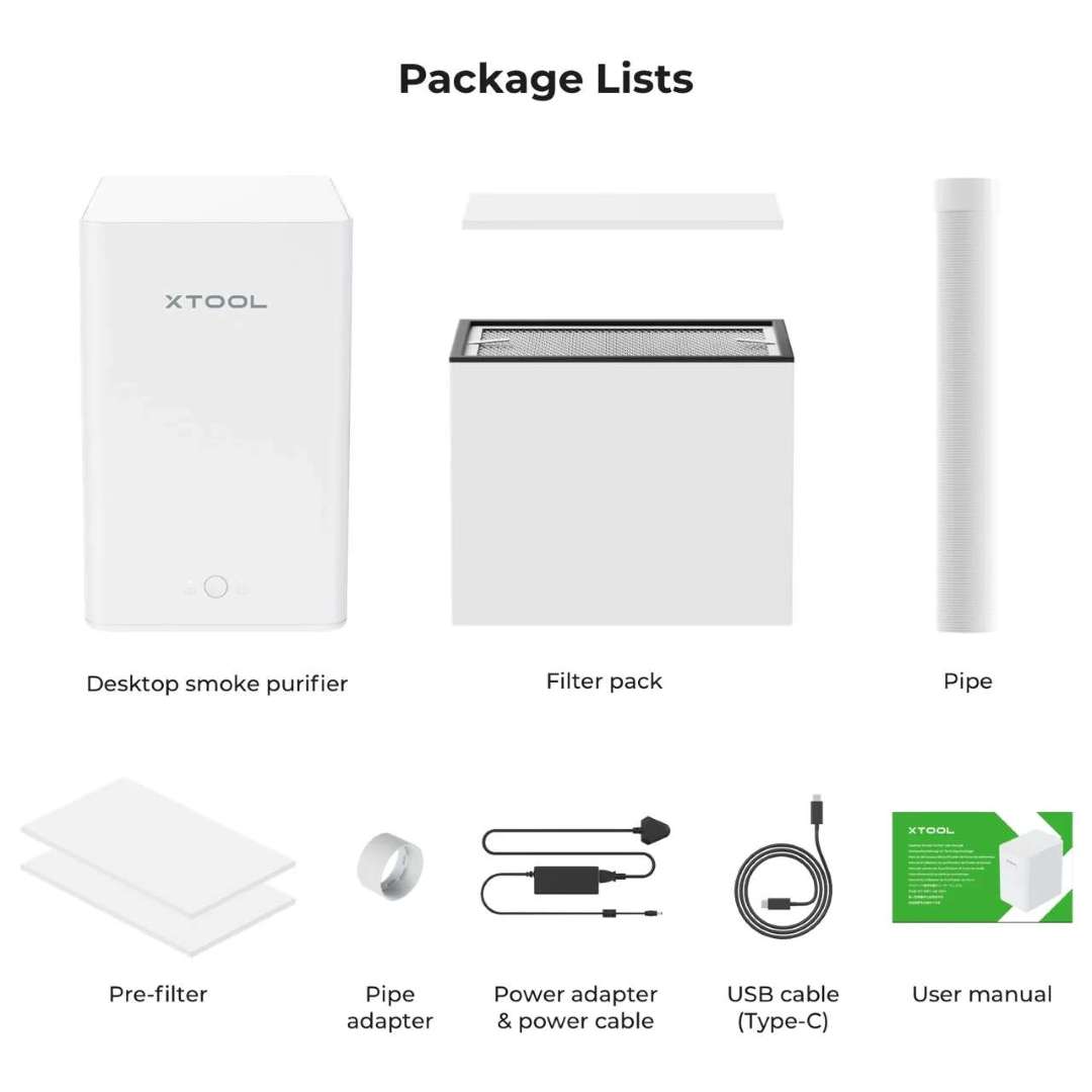 Contenido del paquete del purificador de aire xTool Desktop — unidad de filtro, tubo de escape, cable USB y prefiltros mostrados conjuntamente