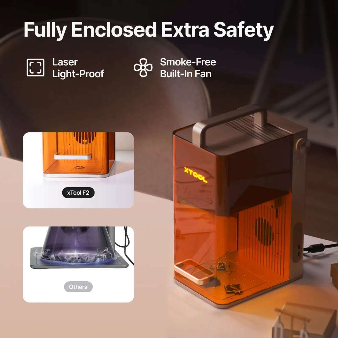 Diseño seguro y cerrado de la xTool F2 — carcasa a prueba de luz láser, botón de parada de emergencia y ventilador integrado sin humo