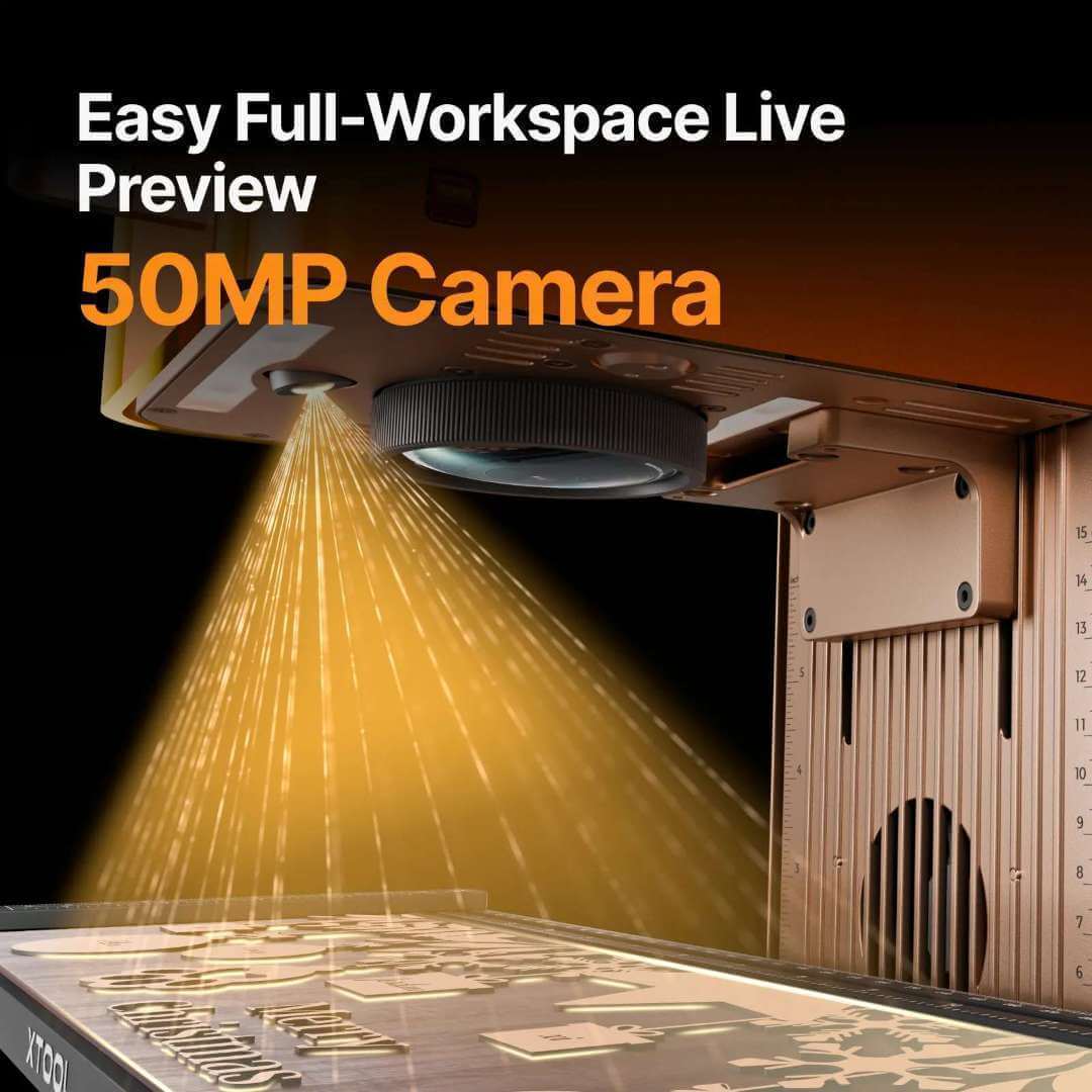 Vista previa completa del espacio de trabajo en vivo en la xTool F2 — la cámara de 50 MP une la base original y la Slide Extension en una sola vista panorámica