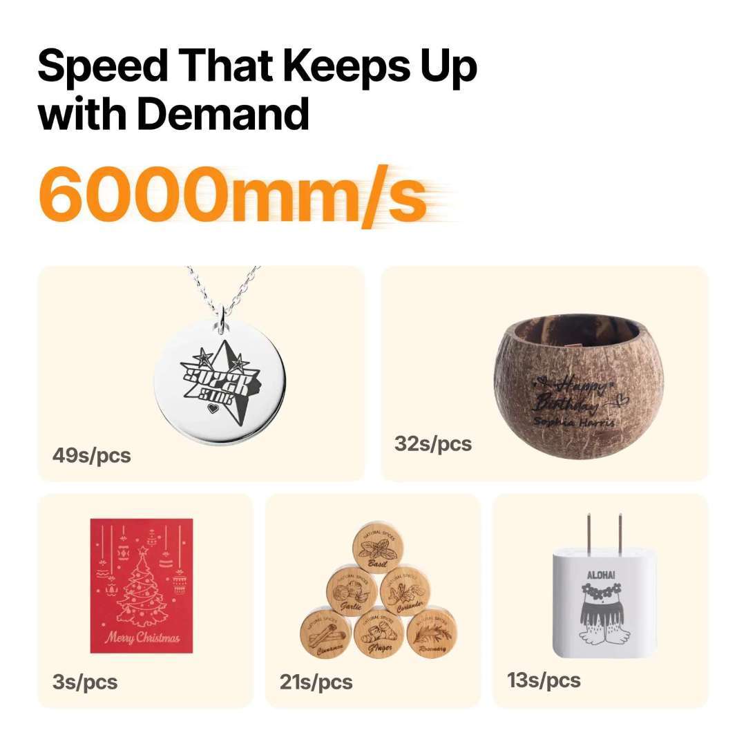 xTool F2 grabando a su velocidad máxima de trabajo de 6000 mm/s para cubrir la alta demanda de personalización