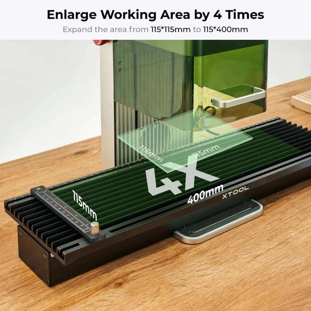 Diagrama de dimensiones de la Slide Extension — ampliando el área de trabajo de la xTool F2 de 115 × 115 mm a 115 × 400 mm
