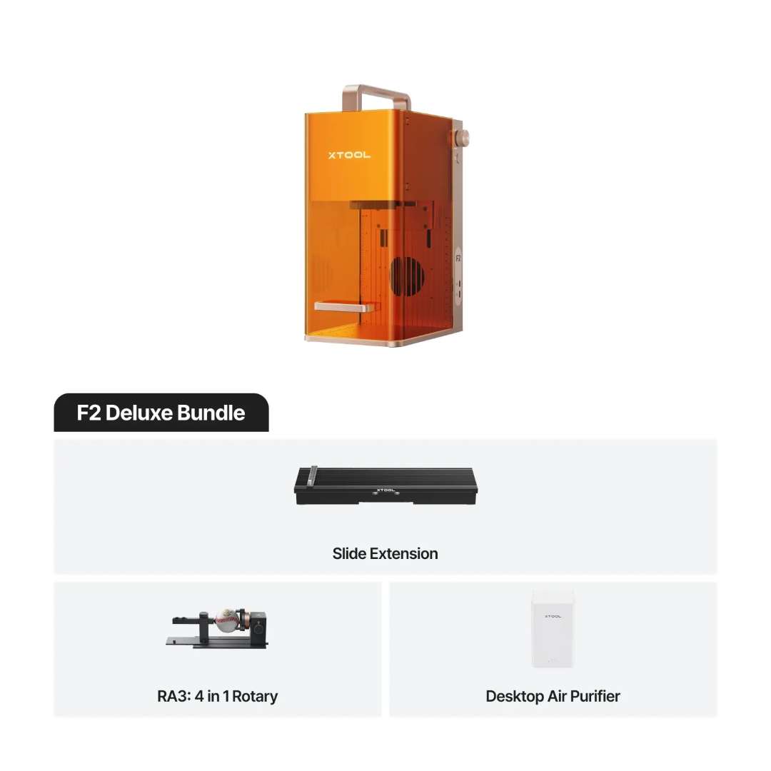 xTool F2 Deluxe Bundle kit: laser engraver, Slide Extension, RA3 Rotary Attachment, and Desktop Air Purifier