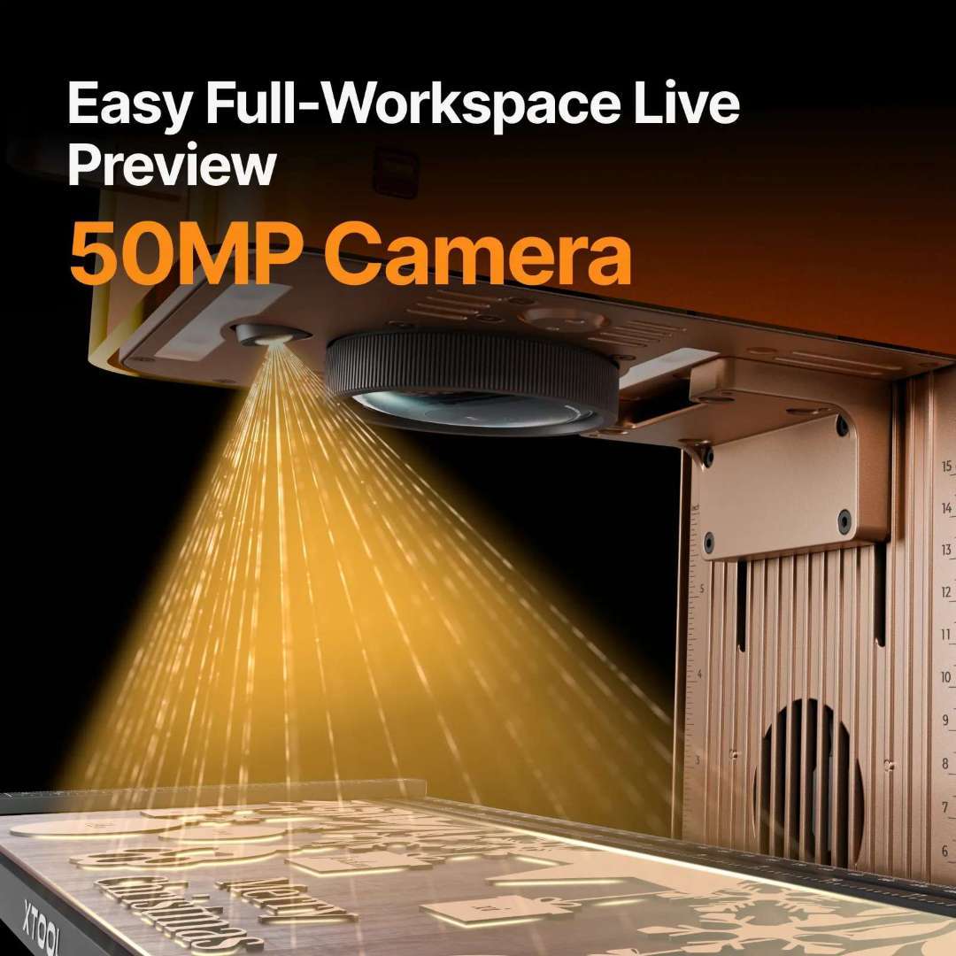 Previsualización en vivo del área de trabajo completa del xTool F2 con cámara de 50MP en xTool Studio mostrando posicionamiento 1:1