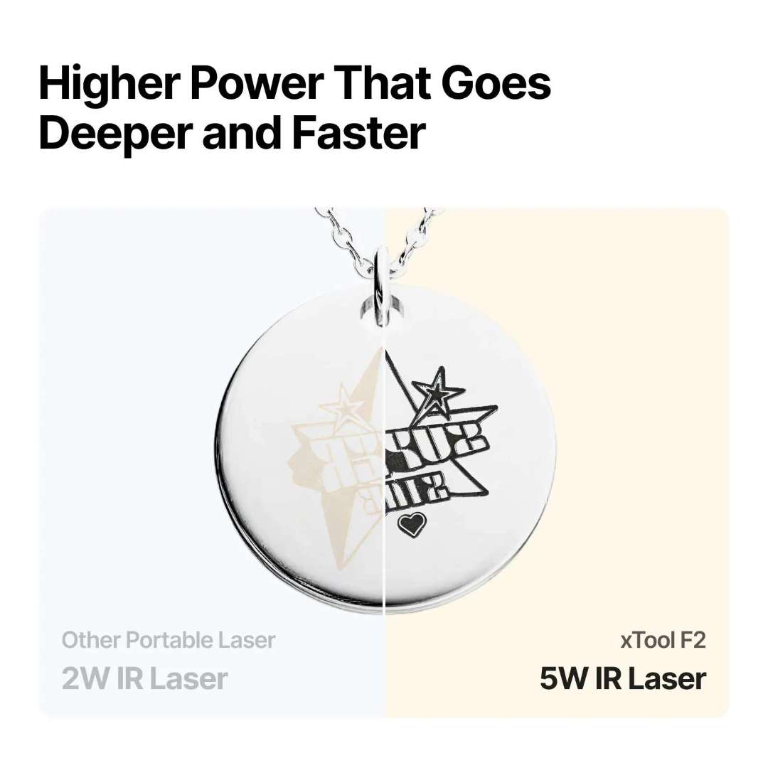 Resultados de grabado profundo en metal y madera comparando la potencia del láser IR 5W del xTool F2 frente a unidades IR 2W