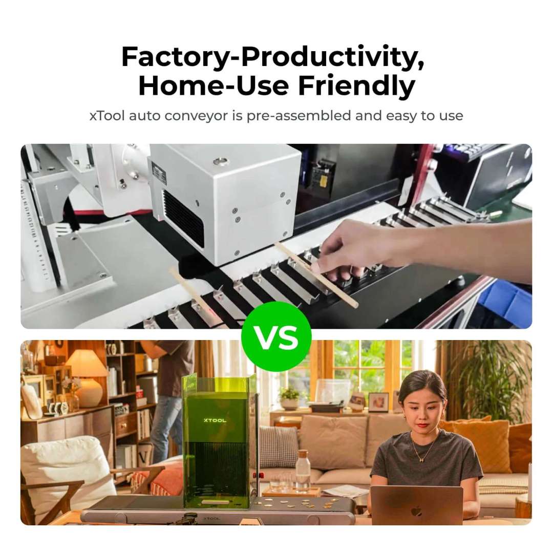 Imagen partida que muestra la cinta transportadora xTool Auto Streamline en dos contextos: línea de producción industrial automatizada (arriba) frente a una persona usando la cinta con un láser xTool en casa (abajo)