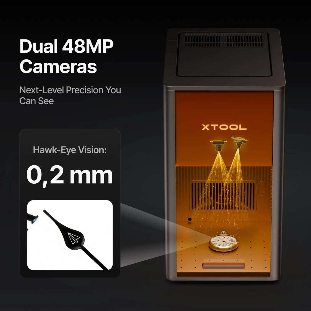 Vista en sección del xTool F2 Ultra UV mostrando dos cámaras internas de 48 MP proyectando conos de luz duales sobre un reloj de bolsillo en la superficie de trabajo, con indicación de precisión Hawk-Eye Vision de 0,2 mm