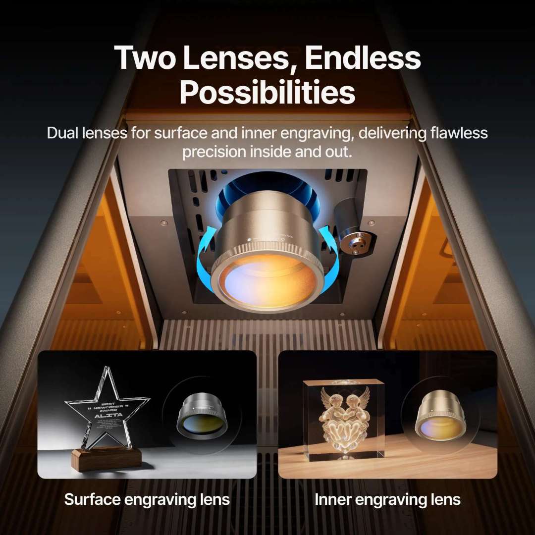 Vista interior del xTool F2 Ultra UV mostrando el mecanismo de intercambio rápido de objetivo de campo, con paneles que muestran: objetivo de grabado superficial junto a un trofeo de cristal en estrella, y objetivo de grabado interior junto a un bloque de cristal con ángel