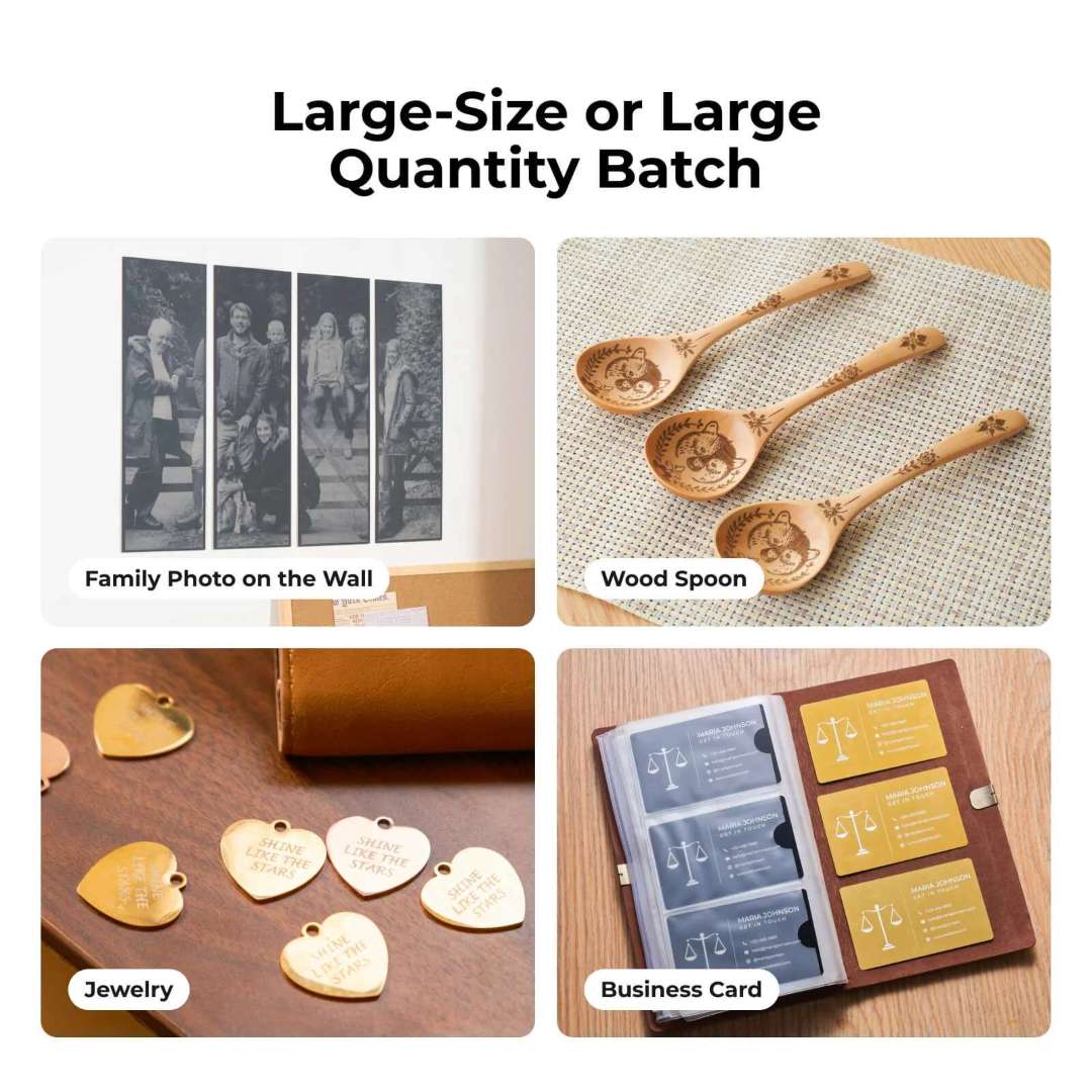 Imagen en cuatro paneles con aplicaciones del transportador xTool para lotes y grandes formatos: panel fotográfico familiar para pared, cucharas de madera grabadas, colgantes dorados en forma de corazón y tarjetas de visita doradas en un tarjetero