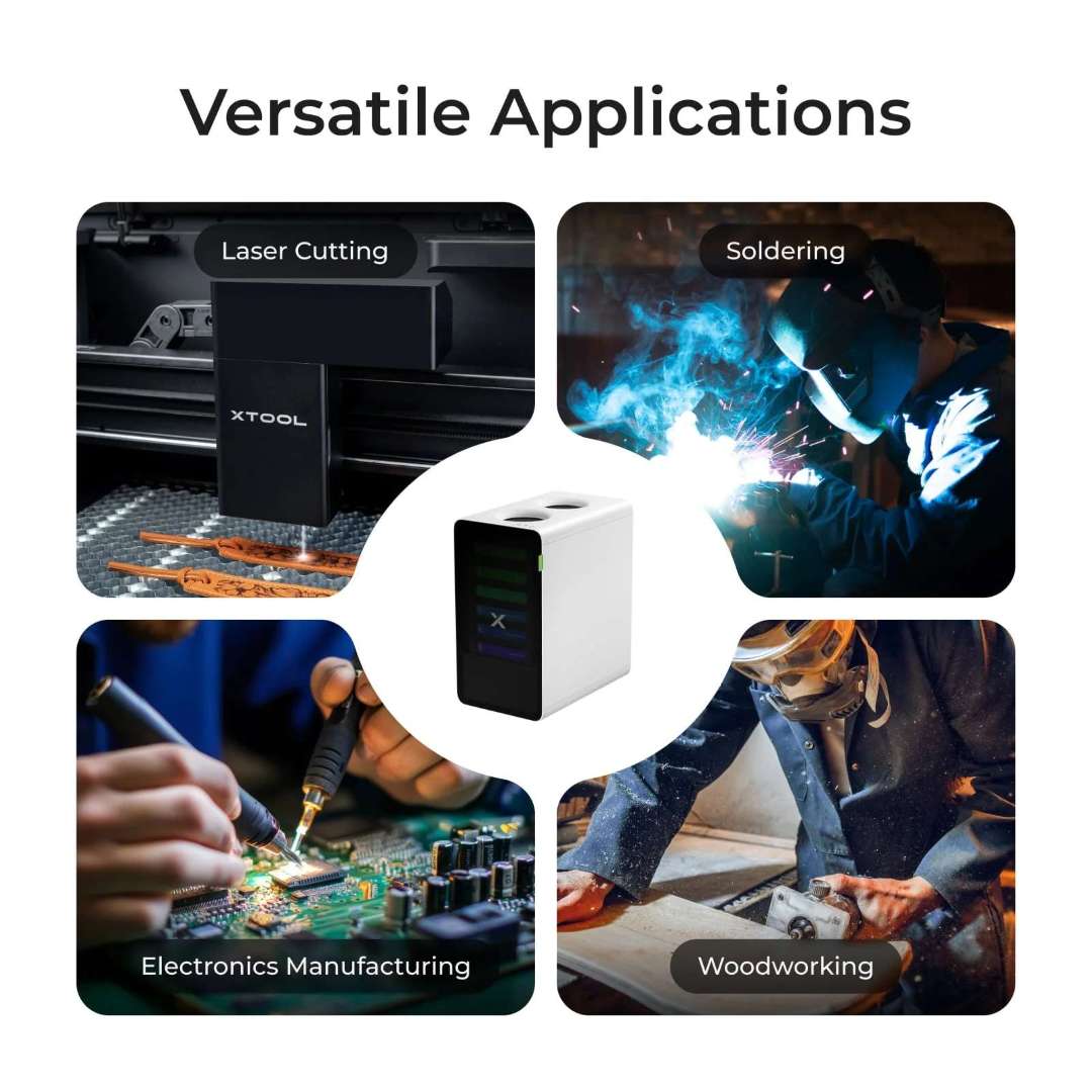 Purificador de humos xTool filtrando partículas peligrosas del corte láser de madera, soldadura por arco, fabricación de electrónica y carpintería mecánica.