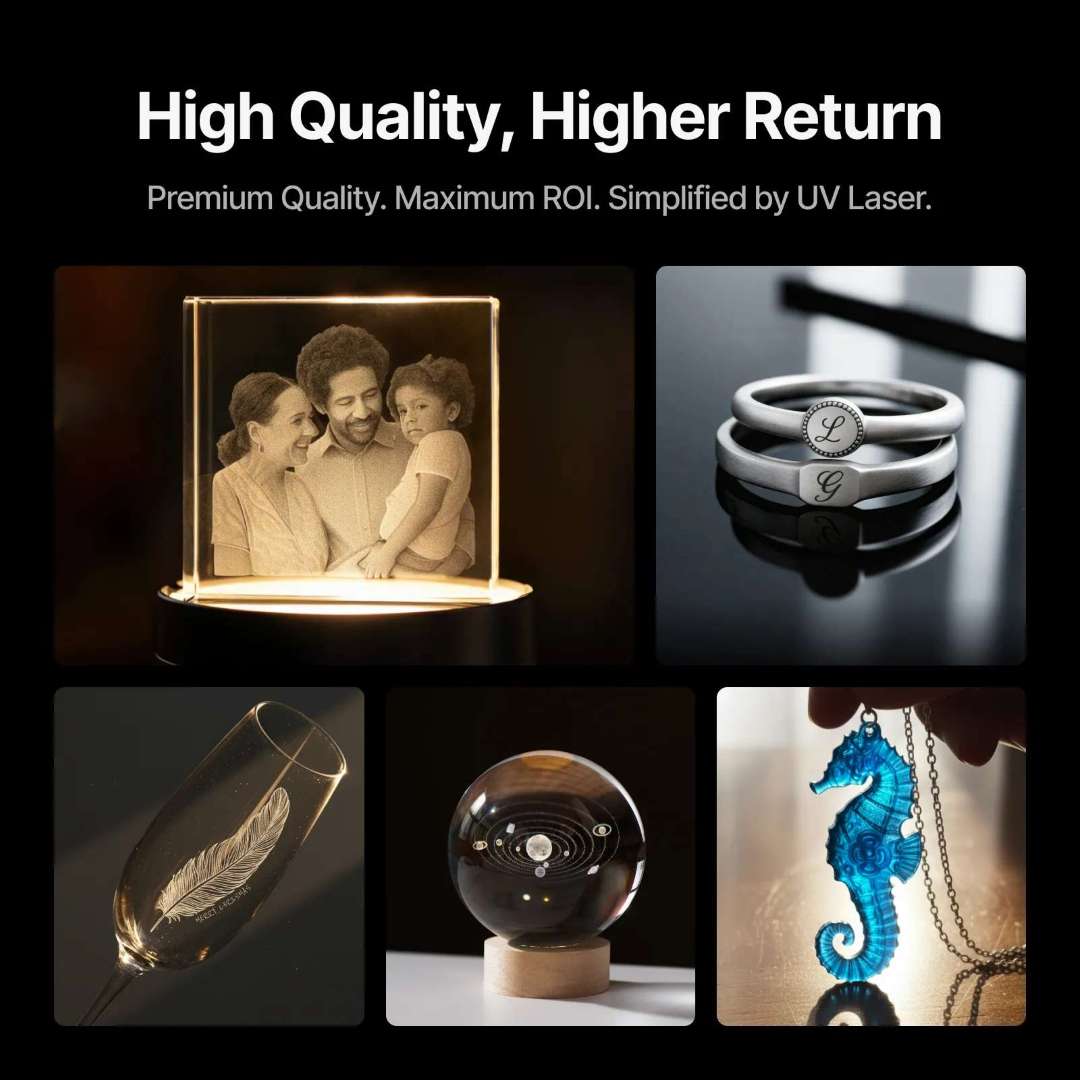 Collage de productos premium grabados con xTool F2 Ultra UV: bloque de cristal familiar iluminado, anillos de sello de metal personalizados, copa de champán grabada con diseño de pluma, bola de cristal del sistema solar en soporte de madera, y colgante de resina azul con caballito de mar