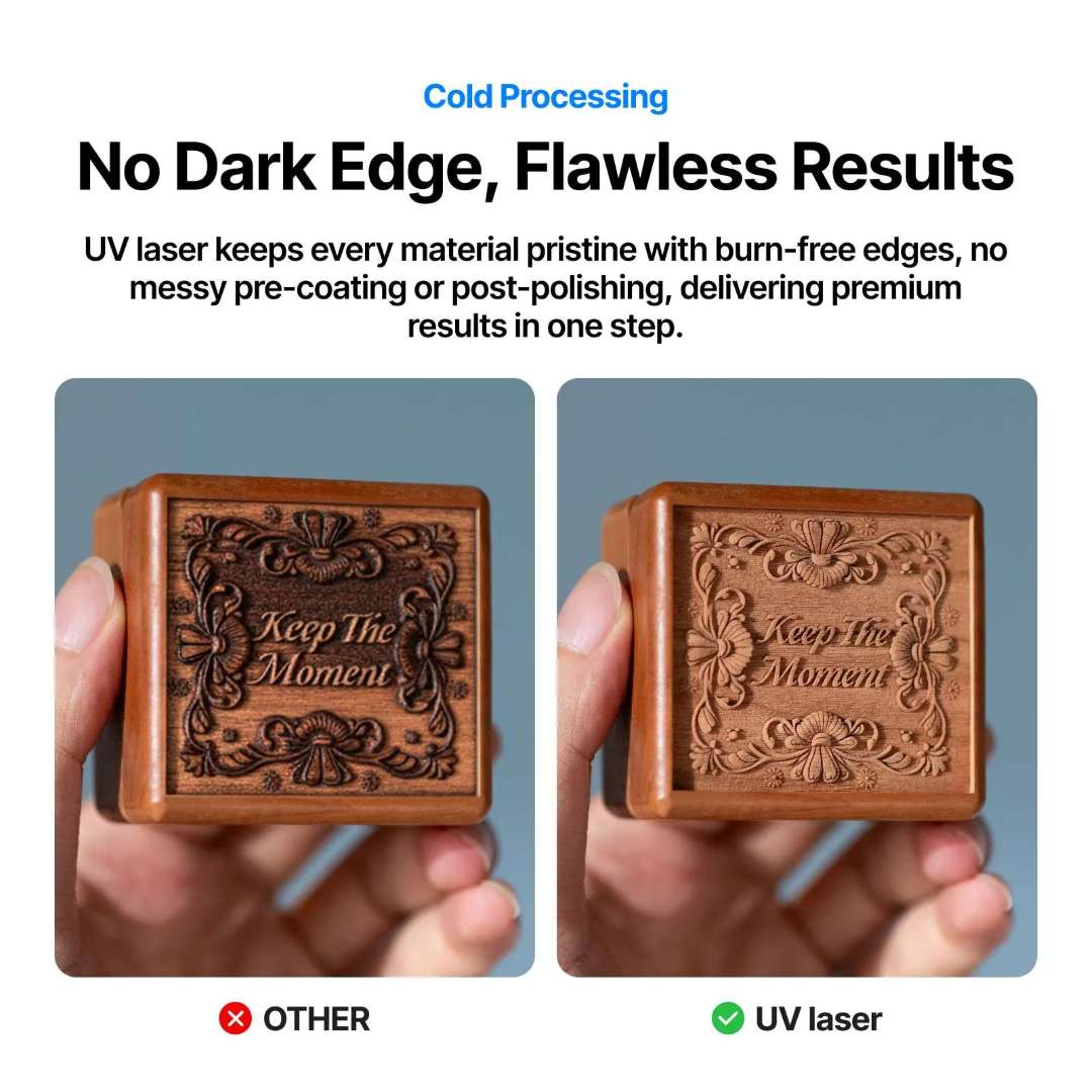 Comparativa lado a lado de grabado en caja de madera para joyería: muestra izquierda con bordes oscuros carbonizados de láser térmico, muestra derecha con grabado de relieve limpio sin quemaduras del procesado en frío del xTool F2 Ultra UV