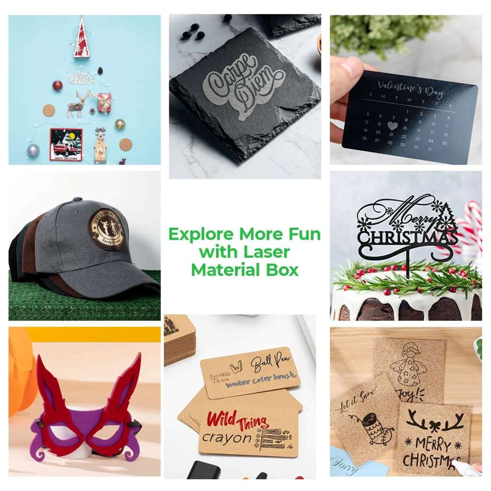 Imagen del Kit de Exploración de Material con Láser de xTool, mostrando su caja y una variedad de 111 piezas para inspirar la creatividad y el grabado láser.