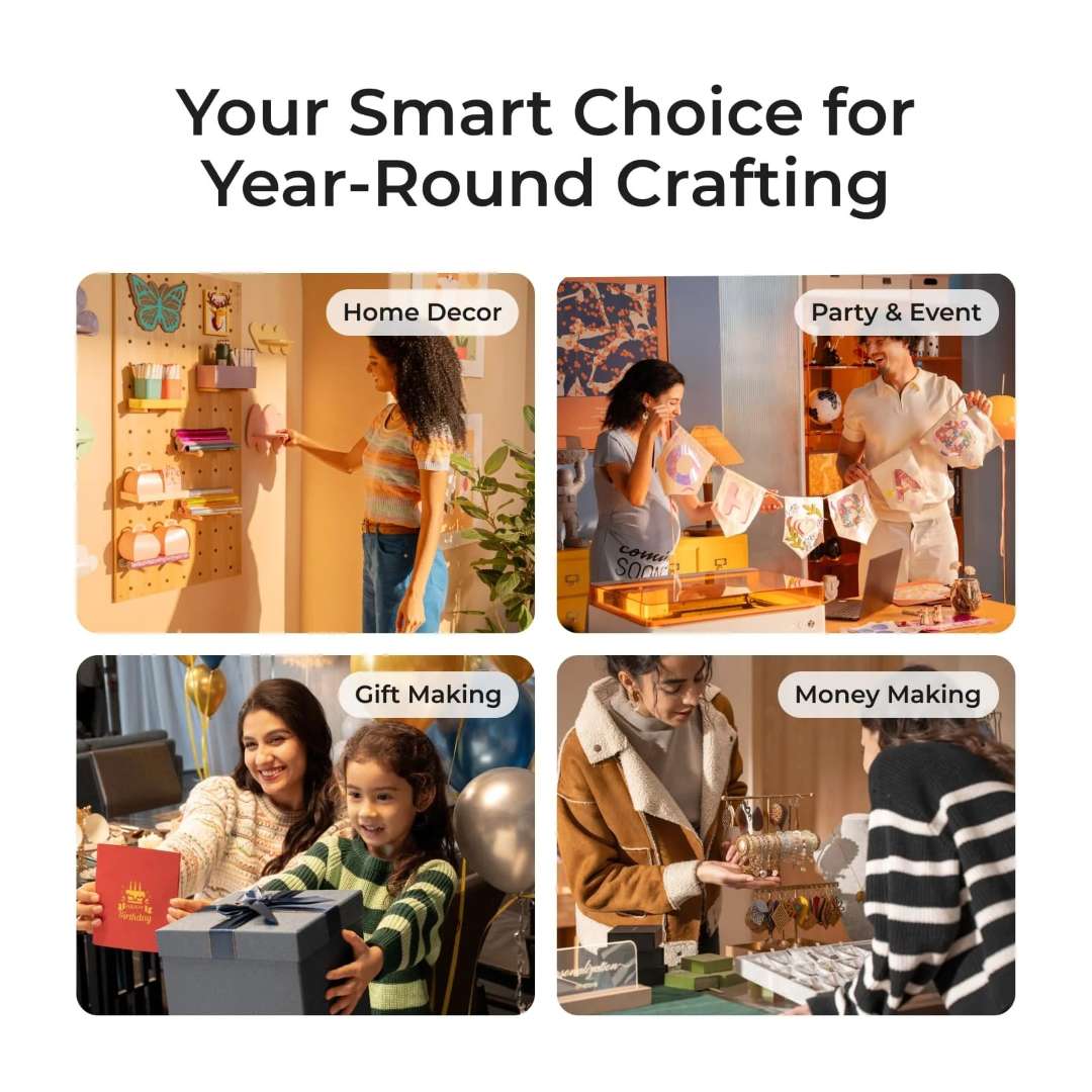 Four year-round crafting use cases for xTool M1 Ultra: home decor with laser-cut wall organiser, party and event banner assembly with the machine visible, personalised birthday gift making, and small jewellery merchandise production