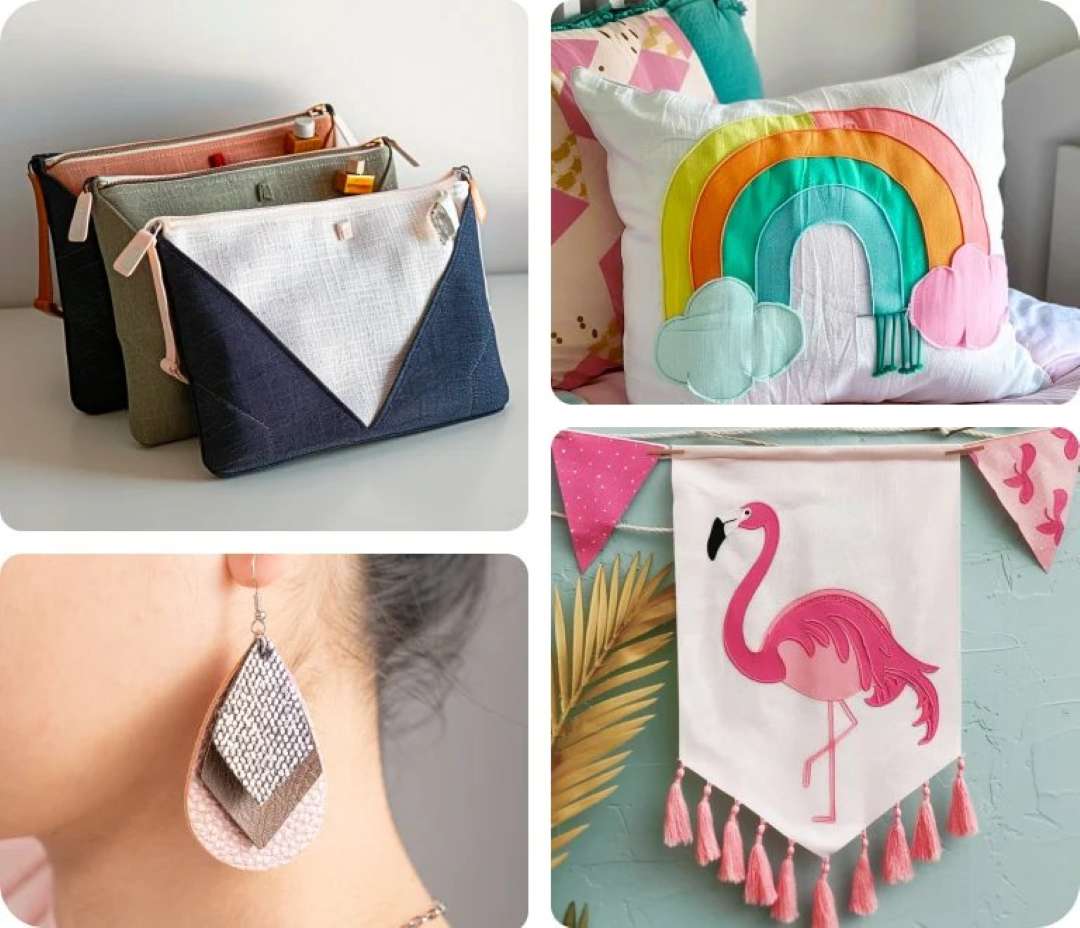 Proyectos de corte de tejido con el xTool M1 Ultra: bolsos cosméticos de lino estructurados en varios colores, cojín con apliqué de arco iris, pendiente de cuero en lágrima de precisión, banderín de tela con flamenco