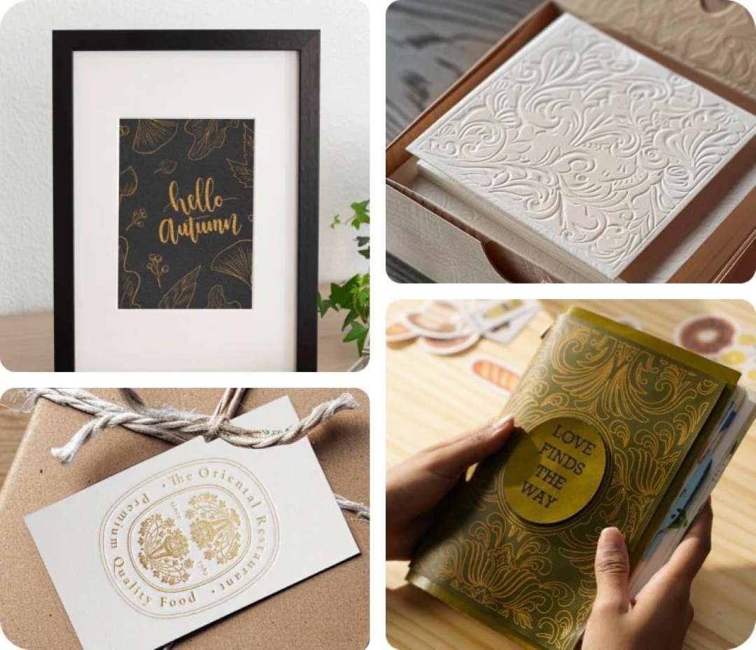 Four examples of foil transfer and debossing on xTool M1 Ultra: a framed Hello Autumn print with gold botanical illustration, an embossed white ornamental card, a foil-stamped gift tag, and a book journal with gold ornamental foil cover
