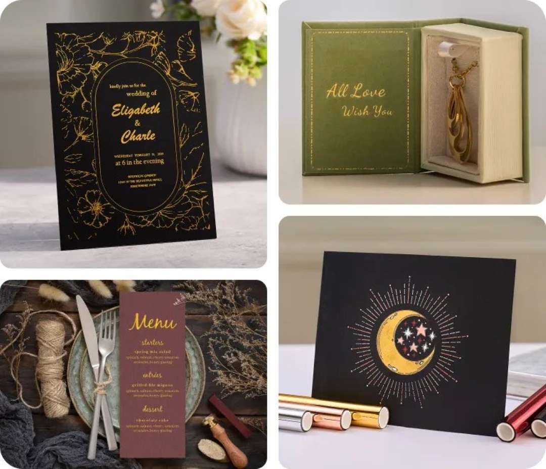 Premium hot foil outputs from xTool M1 Ultra: black wedding invitation with gold floral foiling, a fabric jewellery gift book, a gold-seal restaurant menu tag, and a moon and stars greeting card with mixed metallic foils