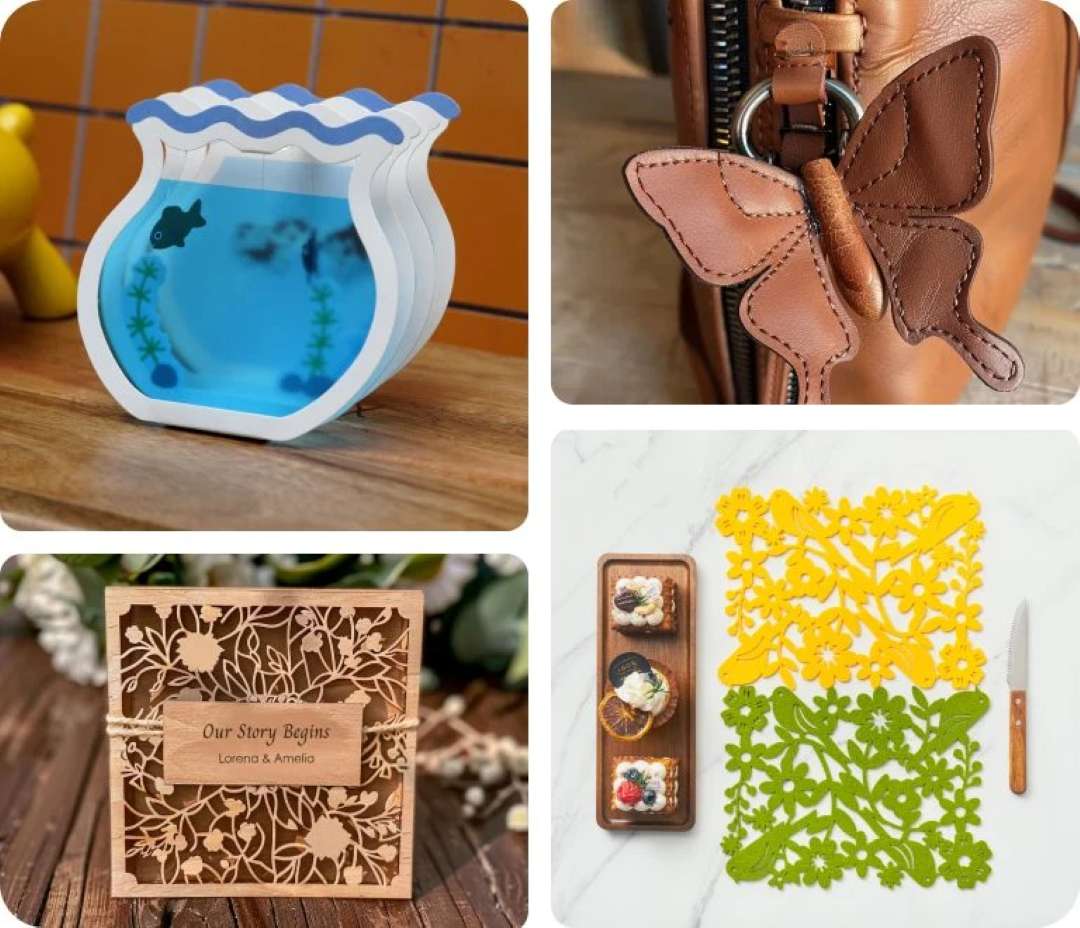 Gallery of xTool M1 Ultra blade and laser projects: a multi-layer paper fish bowl, a brown leather butterfly bag charm, an engraved and cut wooden box, and felt botanical table placemats