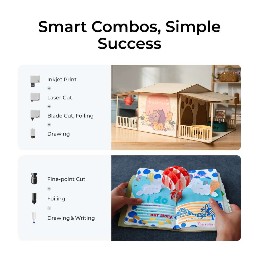 Two smart combo workflow examples on xTool M1 Ultra: a detailed wooden cat house built with inkjet print, laser cut, blade cut and pen drawing; and a colourful pop-up book assembled with fine-point cut, foiling and handwriting mode