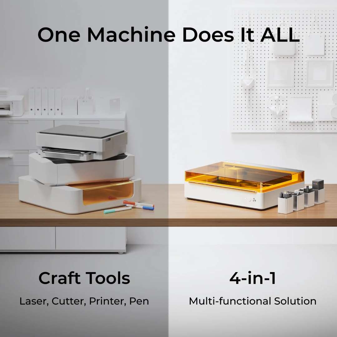 Side-by-side comparison: a stack of separate craft tools (laser engraver, blade cutter, printer, pen plotter) on the left versus the xTool M1 Ultra 4-in-1 unit with interchangeable modules on the right
