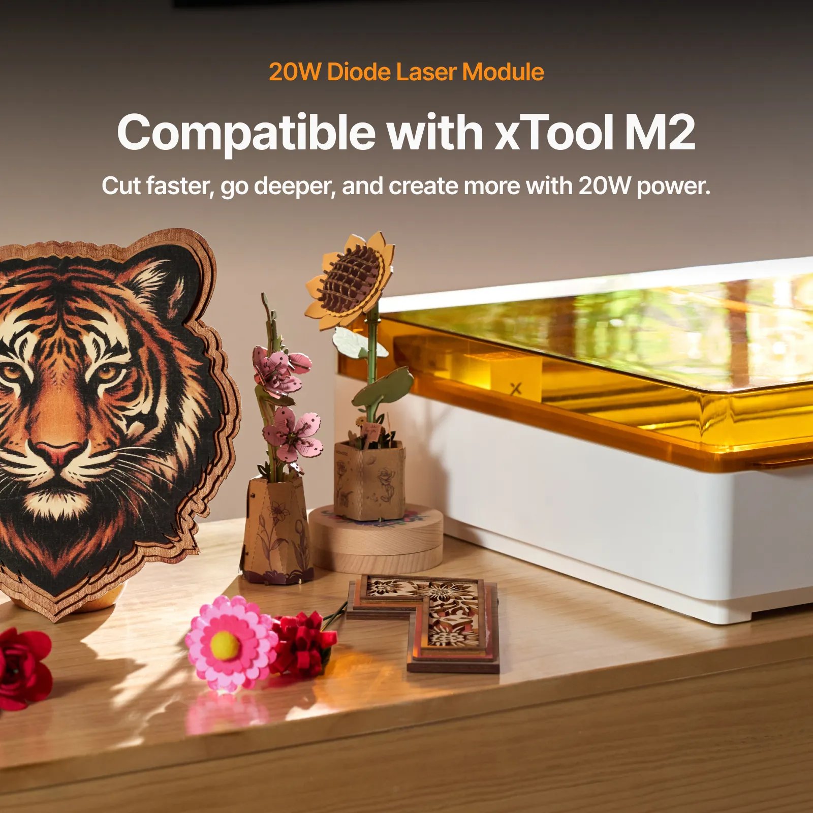 Módulo láser de diodo de 20 W para el recinto xTool M2, mostrado junto a proyectos de grabado y corte en madera