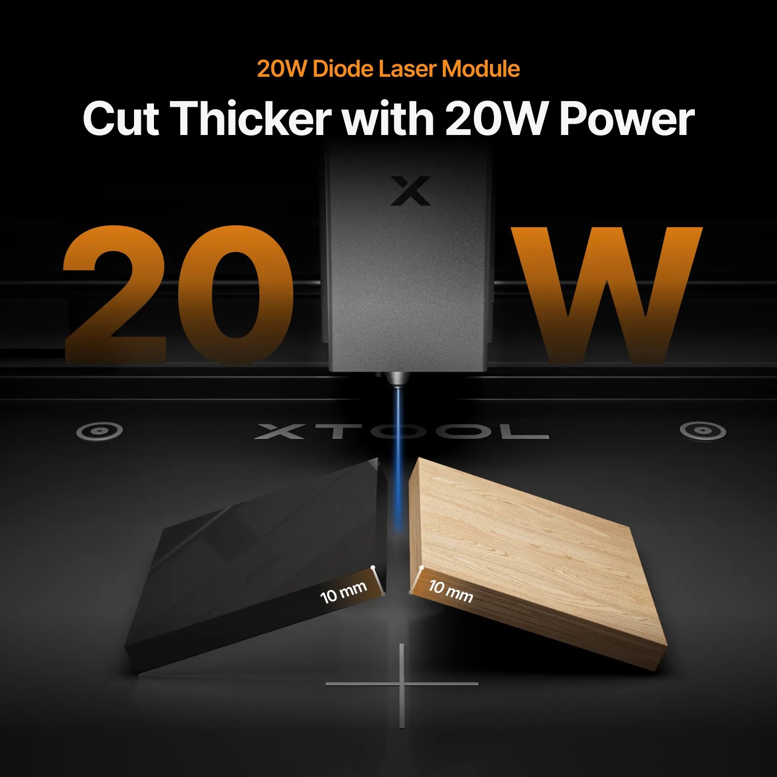 Módulo láser de diodo xTool de 20 W cortando acrílico negro de 10 mm y madera de 10 mm sobre la plataforma de grabado