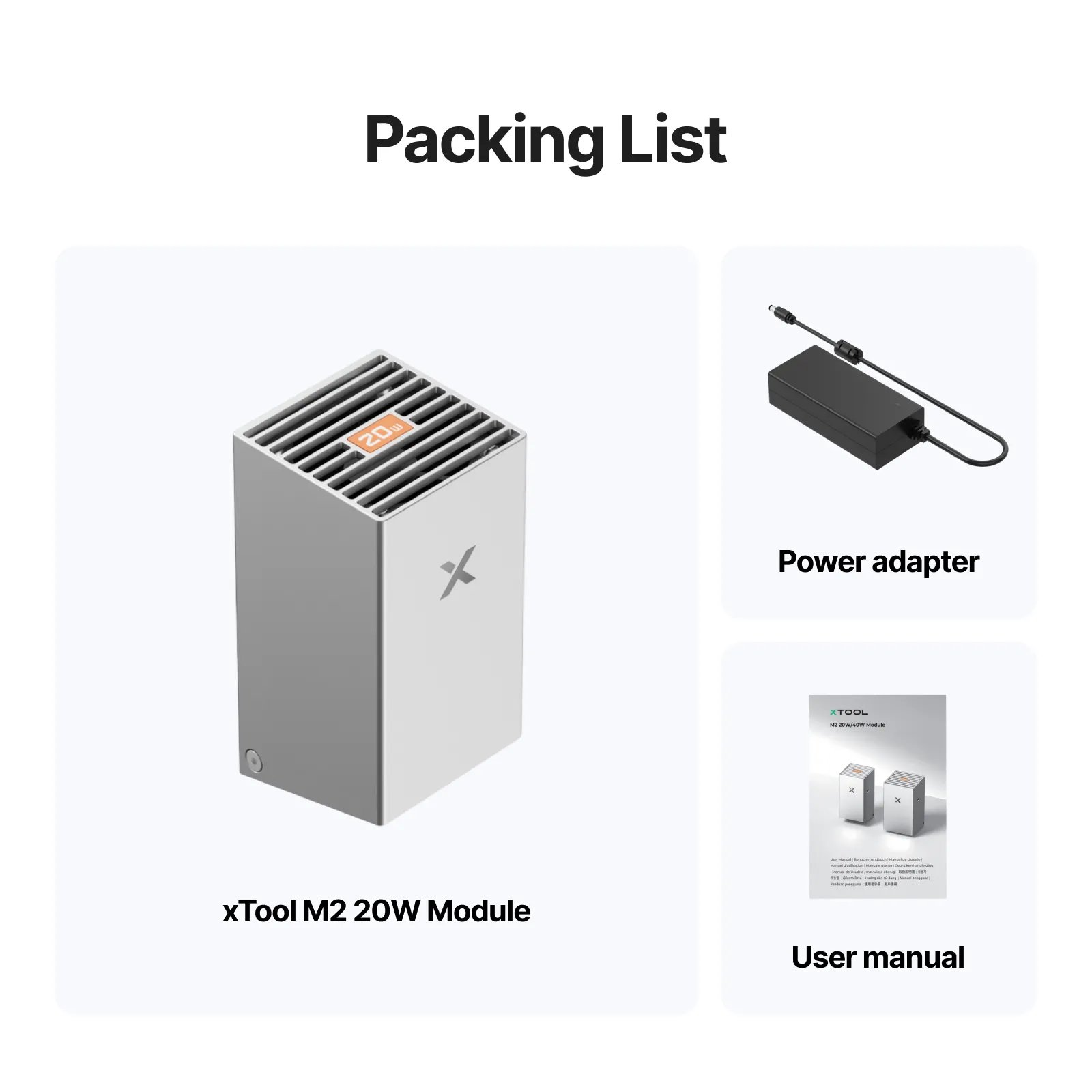 Lista de contenido del módulo láser xTool M2 20 W, que incluye adaptador de corriente y manual de usuario multilingüe