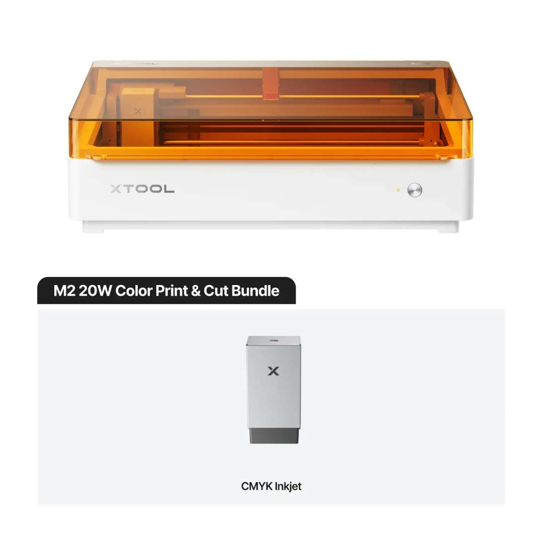 xTool M2 20W grabador láser cerrado con cubierta de seguridad naranja y bundle del módulo de impresión CMYK