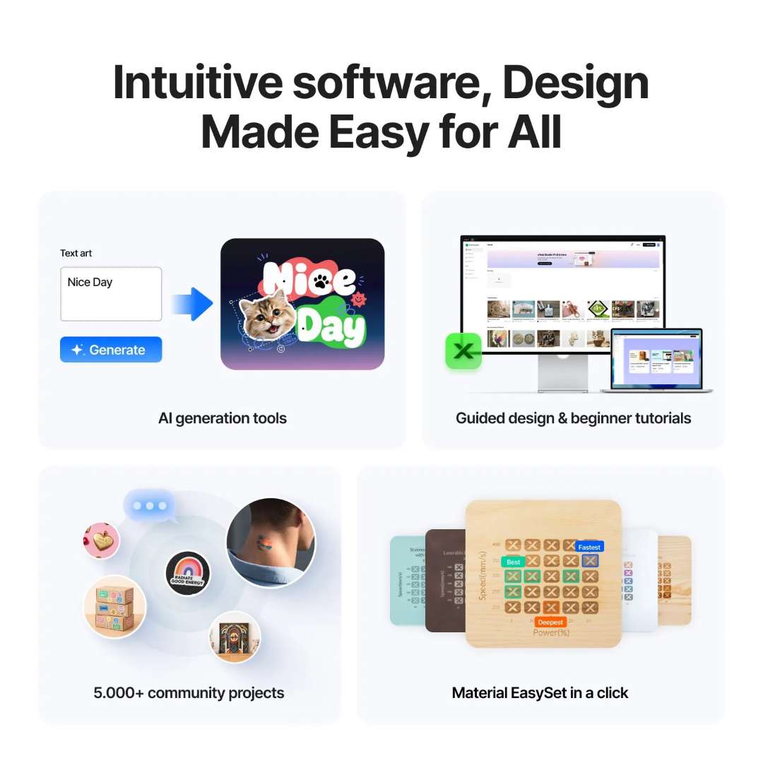 Descripción general del programa xTool Studio con cuatro paneles: herramienta de generación de arte por IA, tutoriales de diseño guiado, biblioteca de más de 5.000 proyectos comunitarios y selector Material EasySet