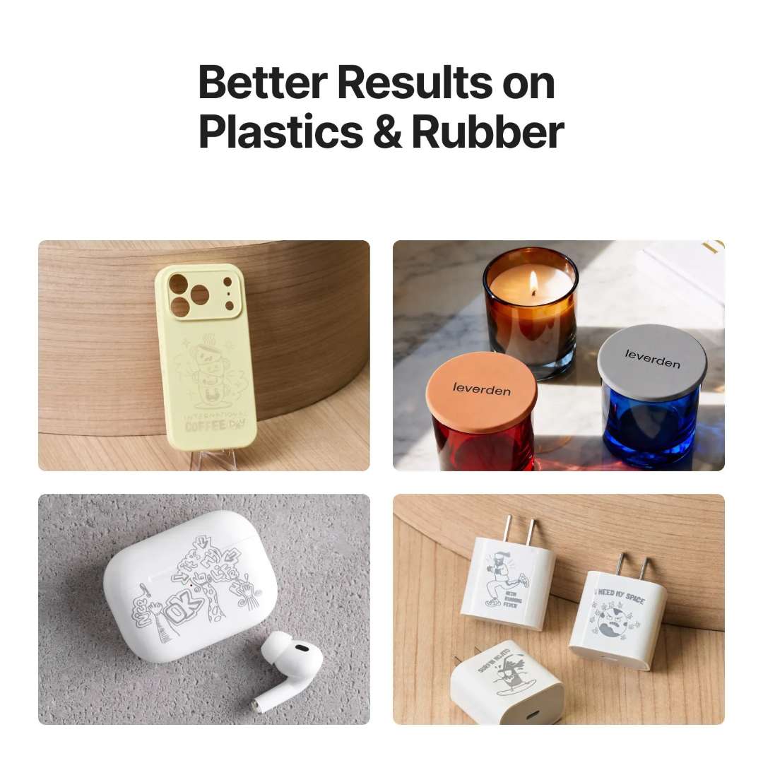 Resultados de grabado infrarrojo en superficies de plástico y goma, incluyendo fundas de móvil, estuches de AirPods, tapas de velas y cargadores USB
