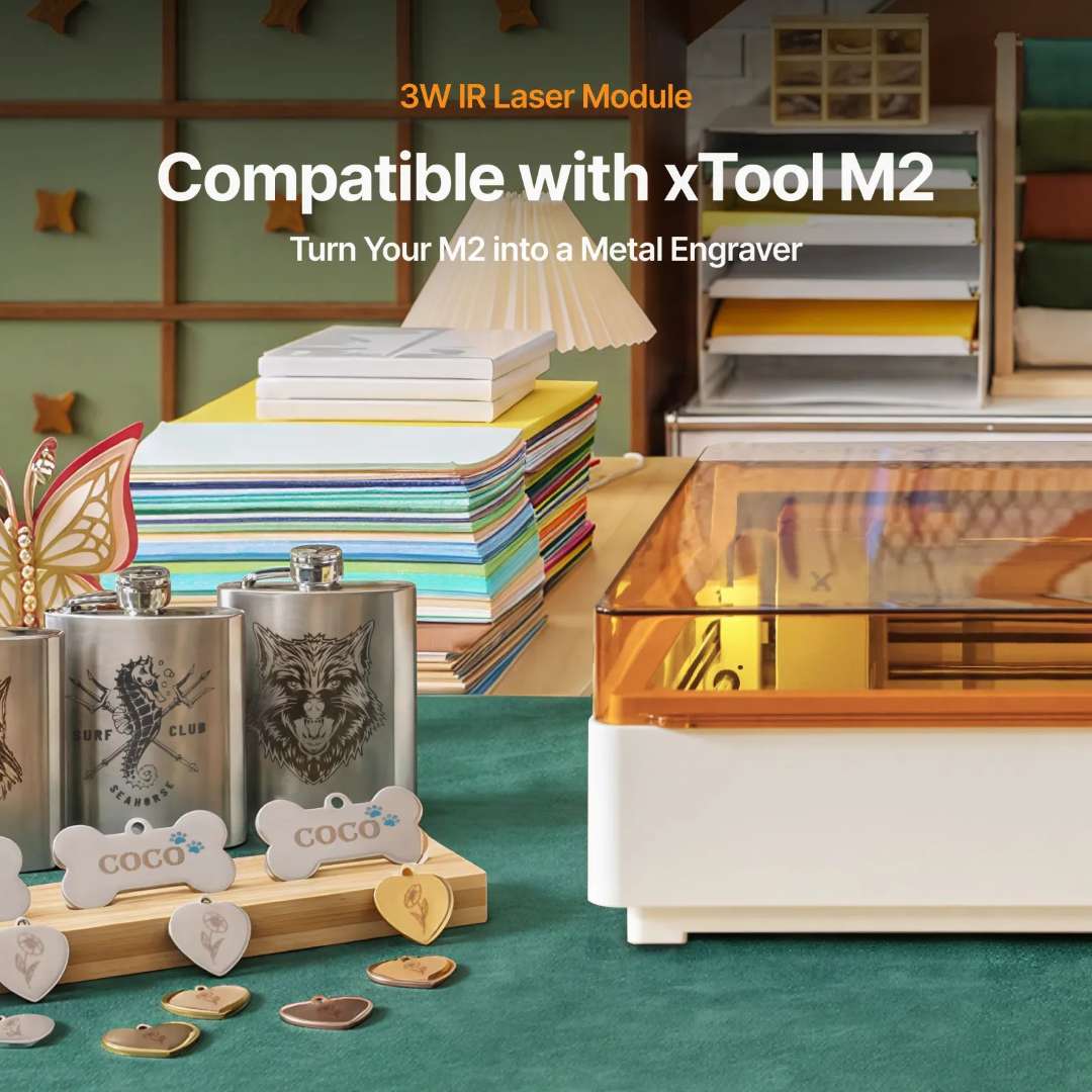 Módulo láser IR de 3 W compatible con xTool M2, habilitando el grabado en metales sobre termos y pequeñas chapas metálicas