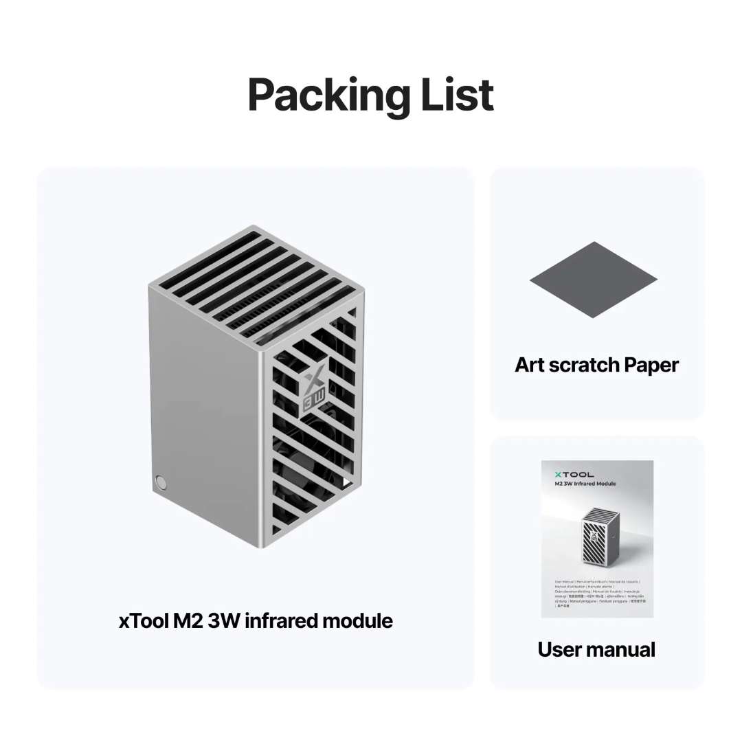 Lista de contenido del módulo láser infrarrojo xTool M2 3W, incluyendo la unidad del módulo, papel de prueba artístico y manual de usuario